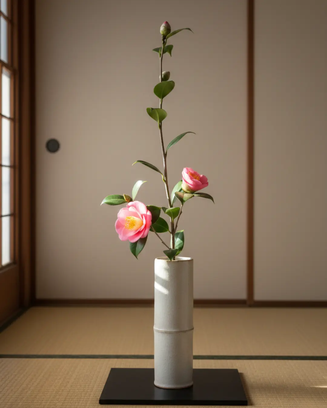 Arranjo de flores Ikebana em estilo japonês em um ambiente zen, representando a harmonização através da arte e o alívio do estresse no método Shingyo.